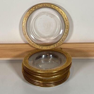 (10pc) ANTIQUE GOLD RIM SAUCERS | Small blown glass plates with engraved gold rims; dia. 5 in.
