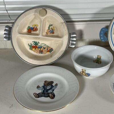 (6pc) CHILDREN'S CHINA | Including pair of metal framed bowls with Plain Jane Inc. labels (w. 10 in.), a Wedgwood / Ralph Lauren Polo...