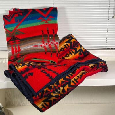 (2pc) PENDLETON BLANKETS | Beaver State wool blankets with colorful patterns [blue/green blanket with some small holes / tears]