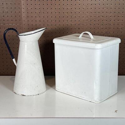 (2pc) ANTIQUE STYLE KITCHENWARE | White enameled tin pitcher of large size and an unmarked bread box / cracker box; pitcher h. 14-1/2...