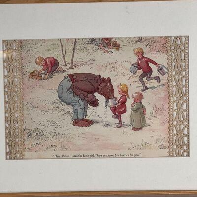 (3pc) FRAMED CHILDREN'S ART | Including two scenes with Bruin the bear framed with lace and a signed work with three cats, all in...