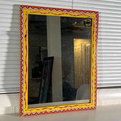 FOLK ART PAINTED MIRROR | Colorful framed mirror; overall 22 x 17-1/4 in. [one area with marking]
