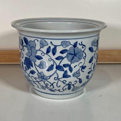 BLUE & WHITE PLANTER | White porcelain planter with blue underglaze; h. 6-3/4 x dia. 9-1/4 in.