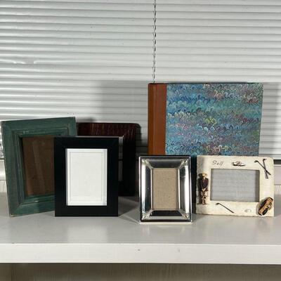 (6pc) FRAMES & ALBUM | Small picture frames and a bound album with paper (no photo inserts); album 14-1/2 x 14 in.