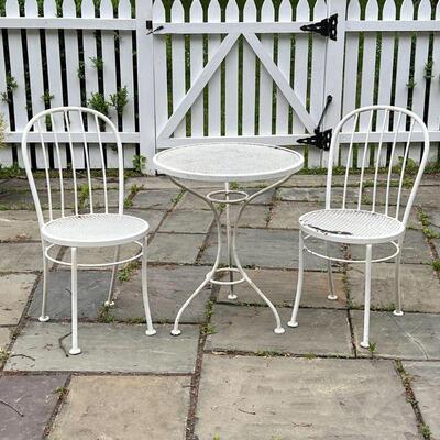 (3pc) OUTDOOR CAFÃ‰ SET | White iron patio dining set, including a small round table (h. 29 x dia. 24 in.) and 2 matching chairs (h....