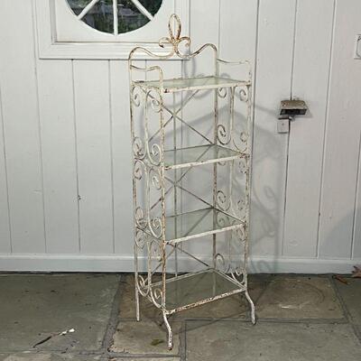 IRON ETAGERE | White cast iron stand with scrollwork sides, having four glass shelves, would look great with plants on a patio or...