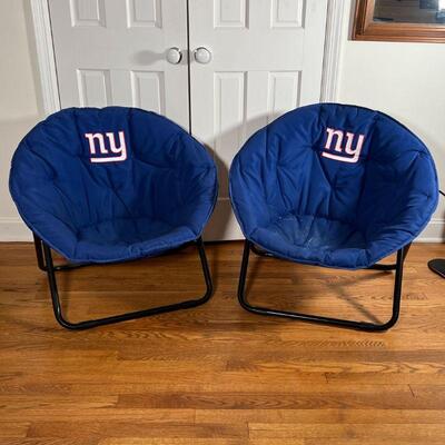 PAIR NY GIANTS CHAIRS | Folding saucer lounge chairs with blue NY Giants cushioned seats- plus! A NY Giants backrest pillow; each chair...