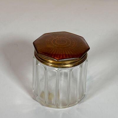 GUILLOCHE ENAMEL LIDDED JAR | Brown guilloche enameled hexagonal lid on a small glass jar; h. 2-1/2 x dia. 2 in.