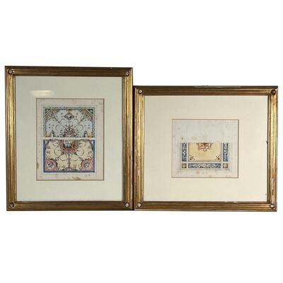 (2pc) ARCHITECTURAL WATERCOLORS | Original works on paper, pencil and watercolor studies of the Sistine chapel, each matted in a matching...