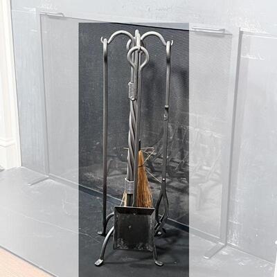 FIREPLACE TOOLS SUITE | Including a set of tools on a twisted column stand and a matching log holder (not pictured); stand h. 31-1/2 in.,...