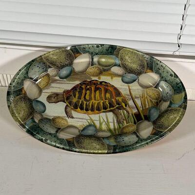 JOHN DERIAN PLATTER | Turtle decorated platter, applied decoration under glass by John Derian Company, signed on underside; 14 x 9 in.