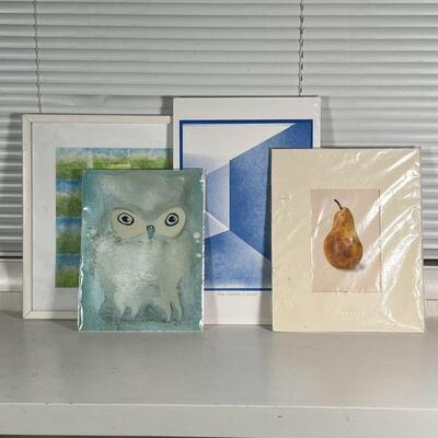 (4pc) MISC. ARTWORK | Including a Jeanne Lorenz owl print, a Passmere lithograph of a pear, a print of an abstract blue corridor pencil...