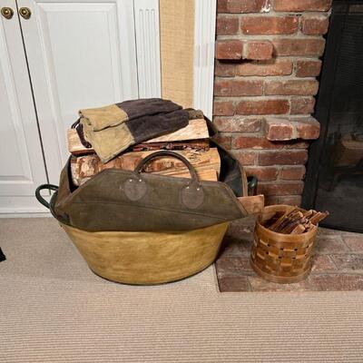 (2pc) FIREPLACE SUPPLIES | Including a woven basket with kindling and a painted toleware bucket with fabric log holder