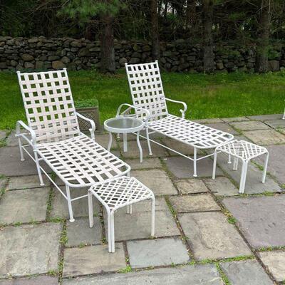(5pc) OUTDOOR LOUNGE CHAIRS | Patio lounge furniture, including a pair of white strap work lounge chairs with adjustable backs, two foot...