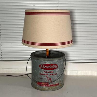 BAIT BUCKET LAMP  | Revelation Floating Minnow Bucket drilled and mounted as a lamp with a canvas shade- tested and works; bucket h....