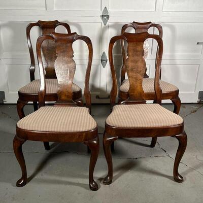 (4pc) DINING CHAIRS | Queen Anne style dining chairs / side chairs, possibly walnut, with striped upholstered seats over cabriole legs;...