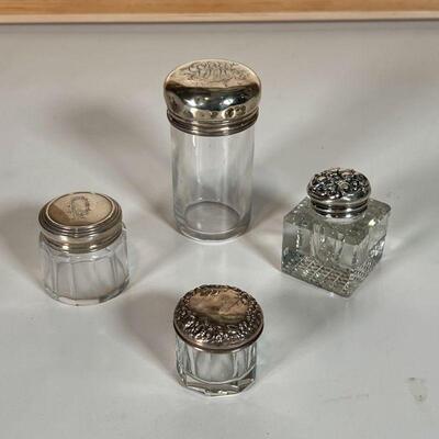 (4pc) SILVER LIDDED JARS | One tall jar with English hallmarks, two jars with lids marked 