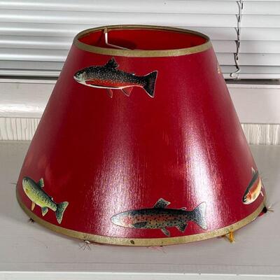 FISHING LAMP SHADE | Fish & tackle red painted lampshade; h. 9-1/4 x dia. 13-3/4 in.