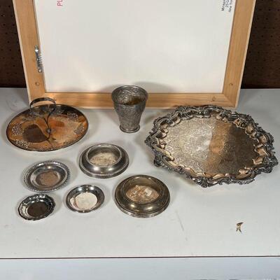 (8pc) MISC. SILVERPLATE | Including a footed tray with fancy decorated border, a handled serving plate, a pewter vase, two pewter wine...