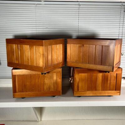 (4pc) ROLLING WOOD BINS | Wood crate storage bins on wheels with wood and string pulls; each h. 12-1/4 x 13 x 18-1/2 in.