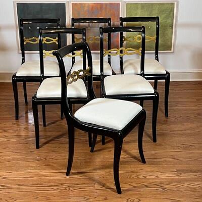 (6pc) SET DINING CHAIRS | Black lacquered dining chairs with gilt openwork backrests and removable cushioned seats; h. 34 x 15-1/4 x...