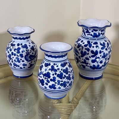 (3pc) BLUE & WHITE GARNITURE | Including two vases with scalloped rim and one with a smooth rim, each signed on the bottom 