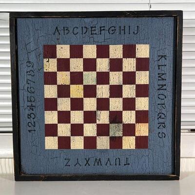 FOLK ART CHECKERBOARD | Chess board painted with the alphabet and numbers around the border; 16 x 16 in.