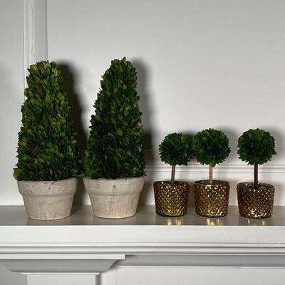 (5pc) SMALL TOPIARIES | Decorative faux plants, including a set of three in gilt glass planters (h. 5-3/4) and a pair of taller plants in...