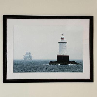 FRAMED LIGHTHOUSE PHOTO | Framed photographic print of a lighthouse with a ship in the distance, digital print matted and nicely framed,...