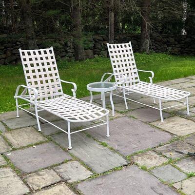 (3pc) OUTDOOR LOUNGE CHAIRS | Patio lounge furniture, including a pair of white strap work lounge chairs with adjustable backs and a...