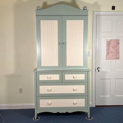 GREEN & WHITE WARDROBE CABINET | Cute! Chic armoire with double cabinet doors over four drawers; h. 84 x w. 43 x d. 21-3/4 in. [some wear...