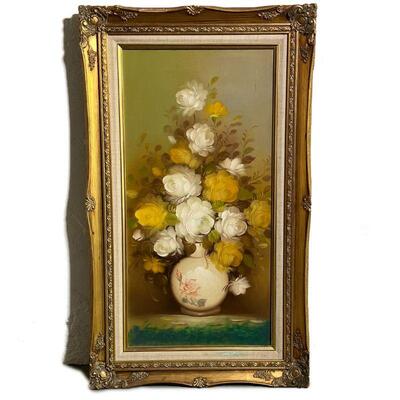 STILL LIFE OIL PAINTING | Oil on canvas, tabletop still life of flowers in a vase, apparently unsigned, in a gilt frame; 24 x 12 in.,...