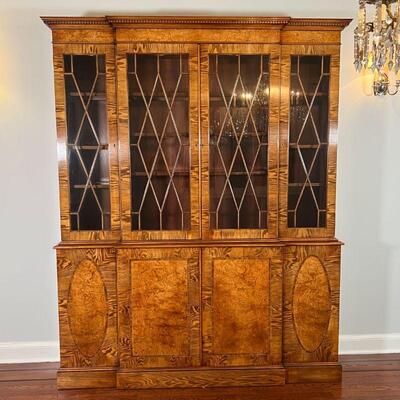 BURLWOOD CHINA CABINET | China hutch with four glazed diamond panel doors over four burled veneer cabinet doors, with inset glass shelves...