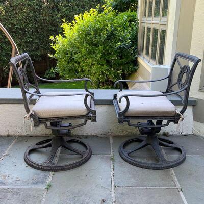 PAIR PATIO SWIVEL CHAIRS | Cast Classics Landgrave outdoor lounge chairs, cast aluminum, swivelling arm chairs with a little bit of...