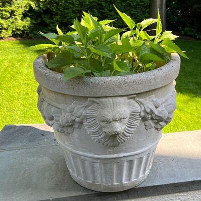 CEMENT GARDEN PLANTER | Large! Decorated with urns and lions heads; h. 20-1/4 x dia. 22-1/4 in.