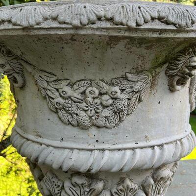 URN-FORM GARDEN PLANTER | Large! Heavy concrete planter decorated with acanthus leaves, garlands, and faces; h. 22 x dia. 24 in.
