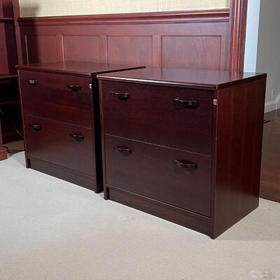 PAIR FILE CABINETS | Dark wood veneer hanging file cabinets, each with two drawers, locking (keys included); h. 29 x 29 x 19 in.