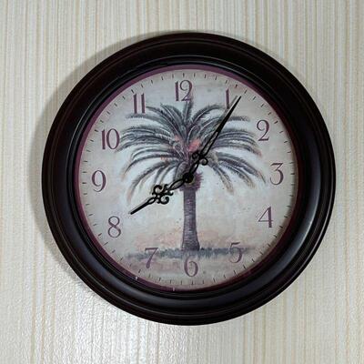 PALM TREE CLOCK | Round wall clock; dia. 12 in. [crack to rim]