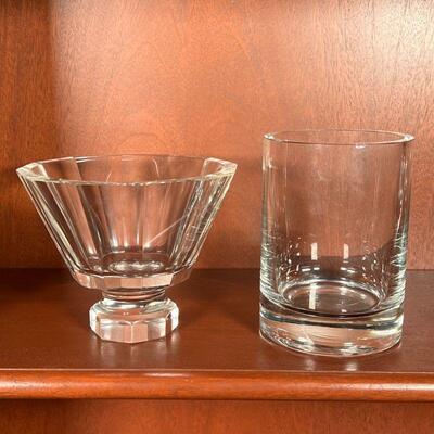 (2pc) CRYSTAL GLASS | Including a Calvin cylindrical glass vase with etched signature on bottom (h. 6-7/8 x dia. 4-7/8 in.) [with flake...
