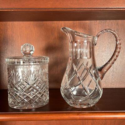 (2pc) CUT CRYSTAL GLASS | Including a pitcher and a lidded jar; pitcher h. 9-1/2 x w. 8 in.