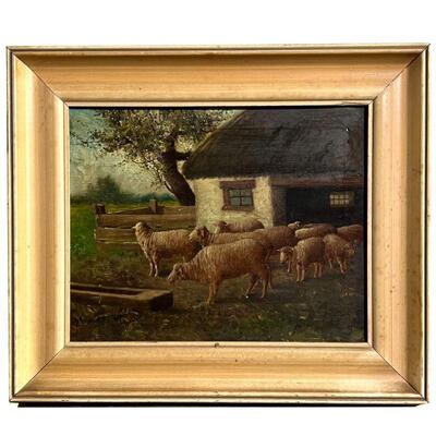 OIL PAINTING WITH SHEEP | Frank Rollin Smith (American, Late 19th Century): oil on canvas, showing sheep before a farm house, signed...