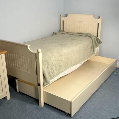 WHITE TRUNDLE BED | Twin size trundle bed with one mattress included; h. 44-1/2 x w. 42 x l. 79 in. [some wear to paint, appearing in...