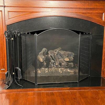 FIREPLACE TOOLS & SCREEN | Including a set of four tools on stand and a three panel fire screen; front panel h. 34 x w. 26-1/2 in.