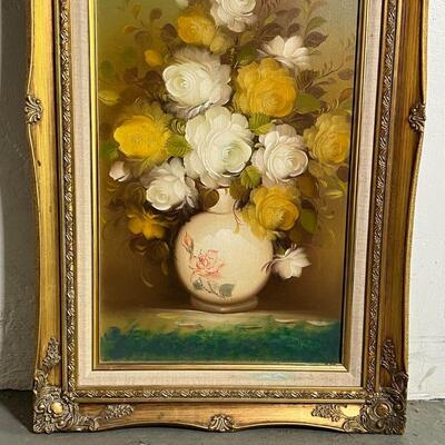 STILL LIFE OIL PAINTING | Oil on canvas, tabletop still life of flowers in a vase, apparently unsigned, in a gilt frame; 24 x 12 in.,...