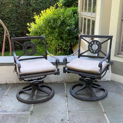 PAIR PATIO SWIVEL CHAIRS | Cast Classics Landgrave outdoor lounge chairs, cast aluminum, swivelling arm chairs with a little bit of...