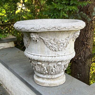 URN-FORM GARDEN PLANTER | Large! Heavy concrete planter decorated with acanthus leaves, garlands, and faces; h. 22 x dia. 24 in.