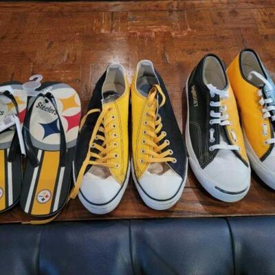 #1076 â€¢ (2) Pairs of Steelers Converse and a Pair of Steelers Sandals