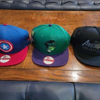 #1110 â€¢ (3) Marvel Hats. Includes Captain America, Hulk and Avengers Hair Department. 