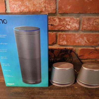 1210:Amazon Echo and 2 USB Amazon Basics Speakers. 