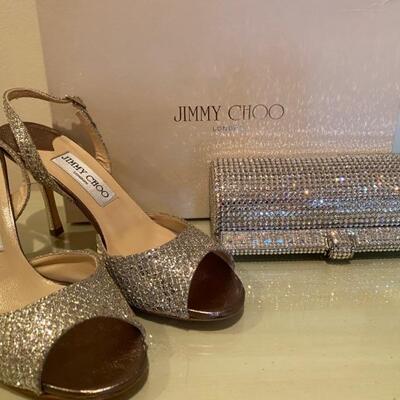 Jimmy Choo Evening Ware Shoes, Size 6. European Size is 5. Swarovski  Crystals Clutch Evening Bag 